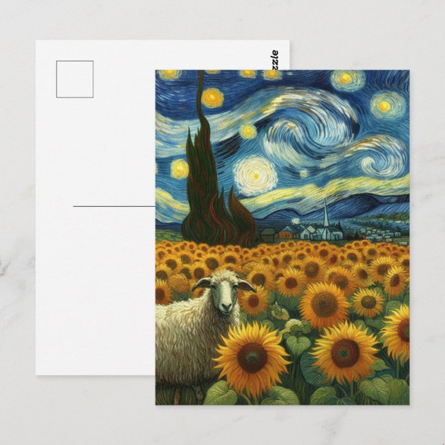 Postal Oveja en el campo del girasol Una falsa Van Gogh (Anverso / Reverso)