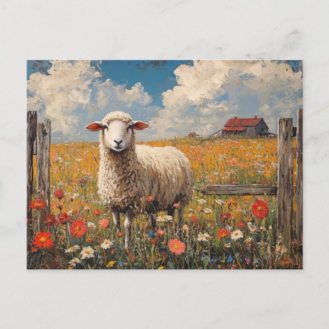 Postal Oveja en un campo de flores silvestres (Anverso)