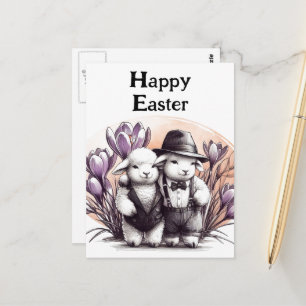 Postal Ovejas de Pascua divertidas y antiguas con trajes