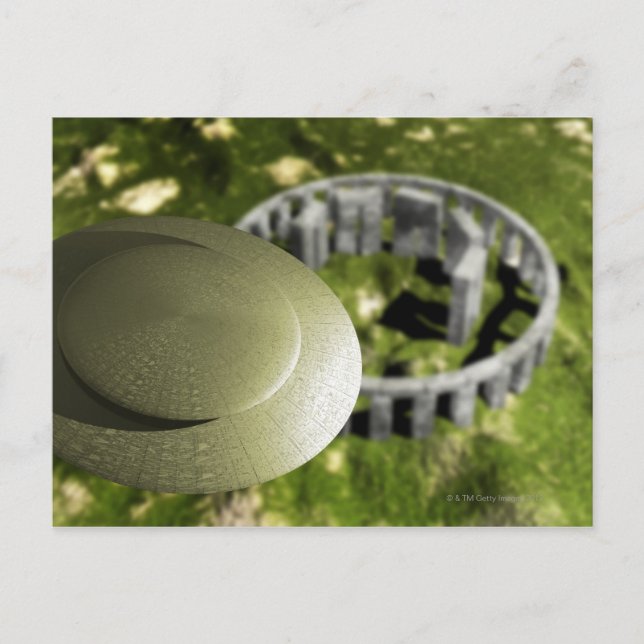 Postal OVNI investigando el sitio de Stonehenge (Anverso)