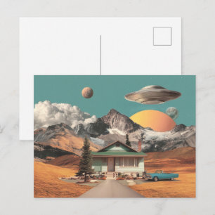 Postal OVNI surrealista sobre casa rústica