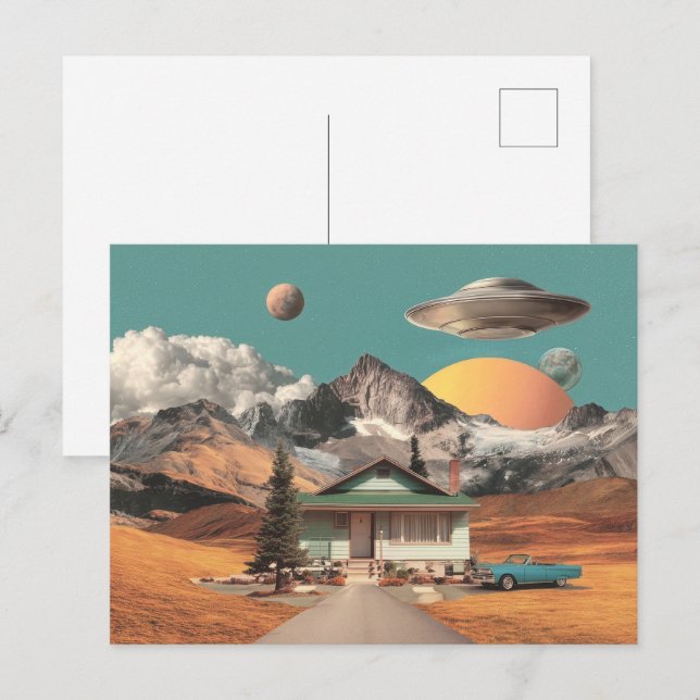 Postal OVNI surrealista sobre casa rústica (Anverso / Reverso)