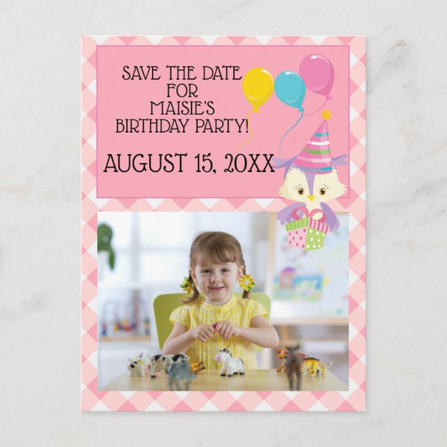 Postal Owl Balloon Pink Gingham Birthday Photo Save Date (Anverso)
