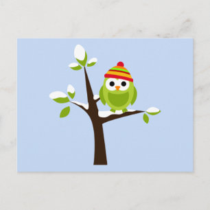 Postal Owl Bird Green Snow Cute Personalizado