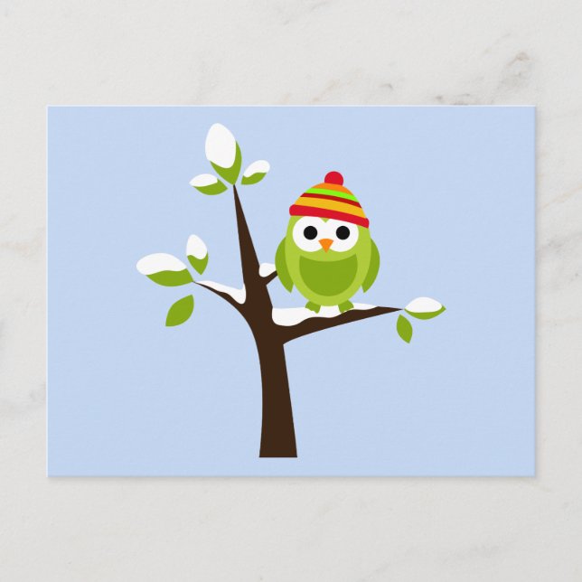 Postal Owl Bird Green Snow Cute Personalizado (Anverso)