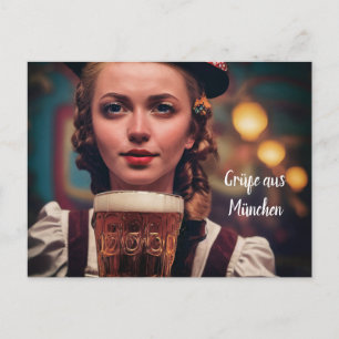 Postal ¡O'Zapft lo es! Frau im Dirndl mit Bier. München W