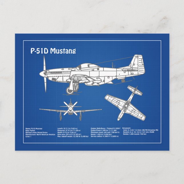 Postal P-51D Mustang - Plano aéreo ABD (Anverso)