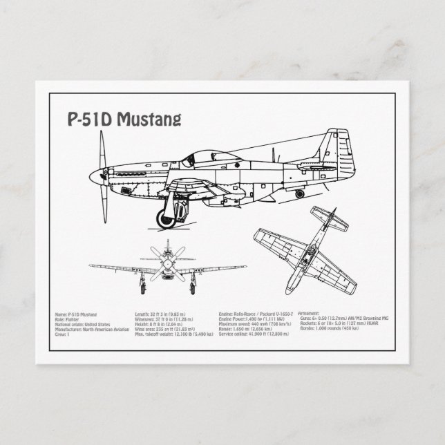 Postal P-51D Mustang - Plano aéreo BD (Anverso)