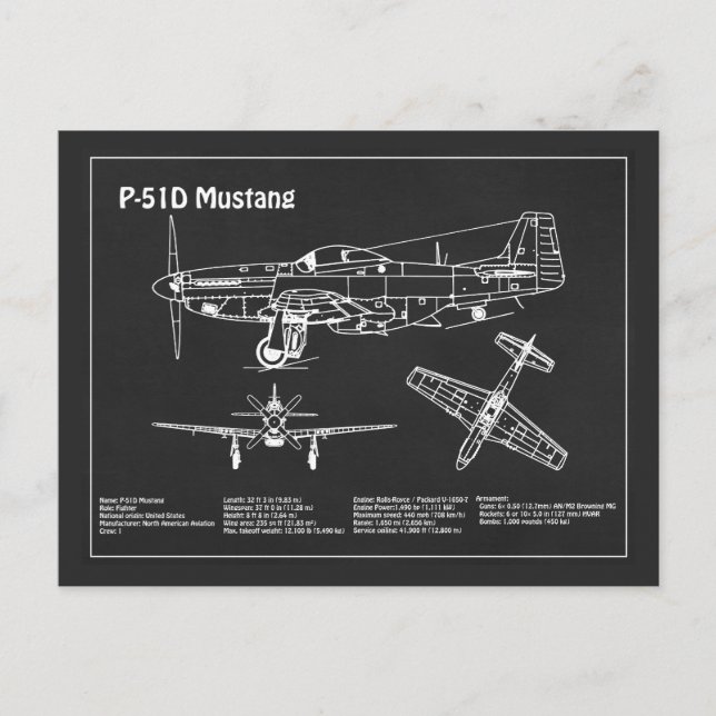 Postal P-51D Mustang - Plano aéreo PD (Anverso)