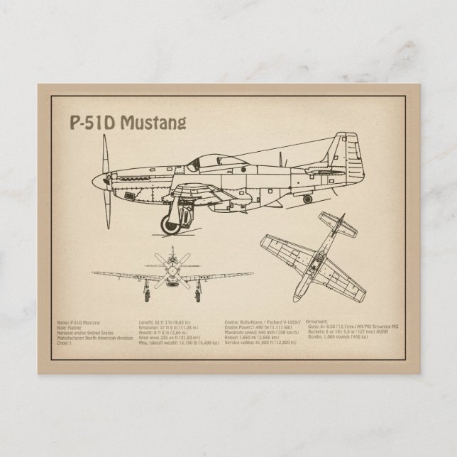 Postal P-51D Mustang - Plano aéreo SD (Anverso)