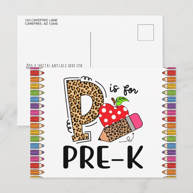 Postal P es para la vuelta al cole de preescolar para mae (Anverso / Reverso)