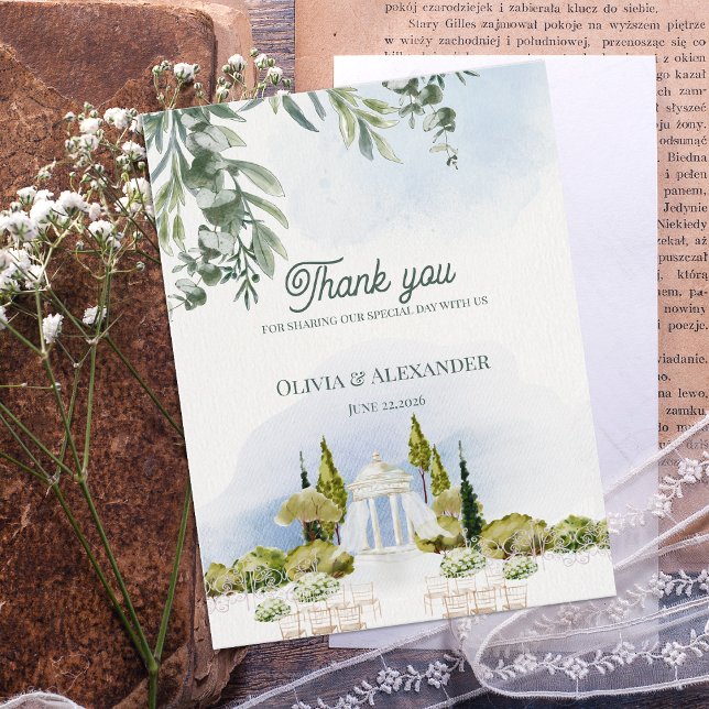 Postal Pabellón de Jardín de la Finca Agradecimiento de B (Estate Garden Pavilion Wedding Thank You Card | Watercolor Garden Venue Wedding Thank You)