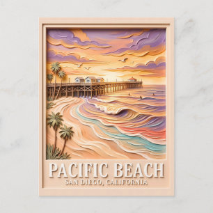 Postal Pacific Beach San Diego 3D Texturizado Surf Viajes