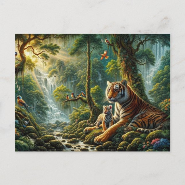 Postal Pacífica escena de la jungla con pinturas de tigre (Anverso)