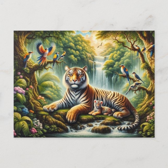 Postal Pacífica escena de la jungla con pinturas de tigre (Anverso)