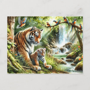 Postal Pacífica escena de la jungla con pinturas de tigre