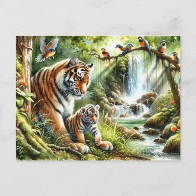 Postal Pacífica escena de la jungla con pinturas de tigre (Anverso)