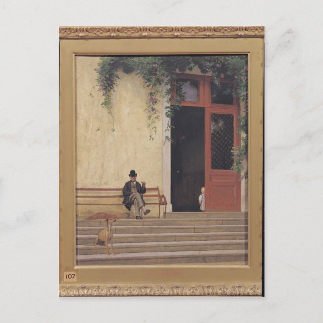 Postal Padre e hijo del artista en la puerta (Anverso)