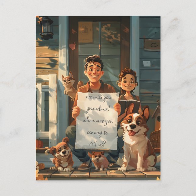 Postal Padre, su hijo, perros y un gato (Anverso)