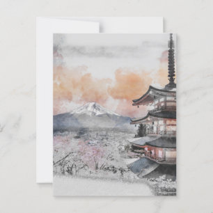 Postal Pagoda Japonesa Acuarela & Mt. Fuji