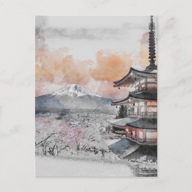 Postal Pagoda Japonesa Acuarela & Mt. Fuji  (Anverso)