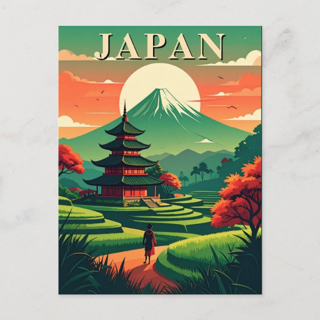 Postal Pagoda japonesa de viajes retro y Monte Fuji (Anverso)