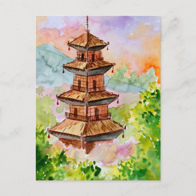 Postal Pagoda japonesa en primavera (Anverso)