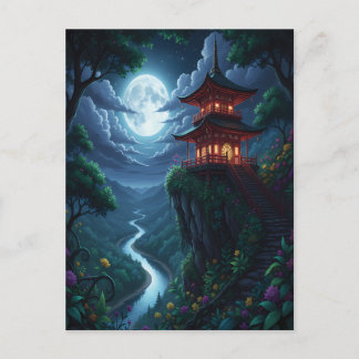 Postal Pagoda japonesa iluminada por la luna en un acanti
