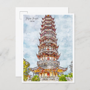Postal Pagoda Shanghái China vintage acuarela