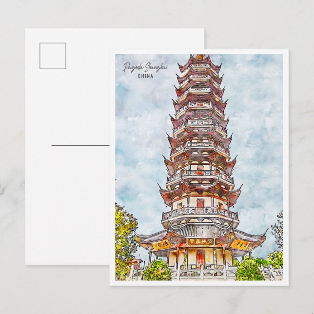 Postal Pagoda Shanghái China vintage acuarela (Anverso / Reverso)