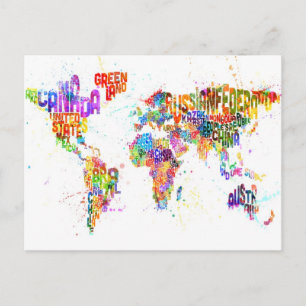 Postal Paint Splashes Mapa de texto del mundo
