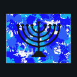 Postal Paint Splatter Blue Menorah<br><div class="desc">Pintar postal de menorah azul salpicador.</div>