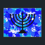 Postal Paint Splatter Blue Menorah<br><div class="desc">Pintar postal de menorah azul salpicador.</div>
