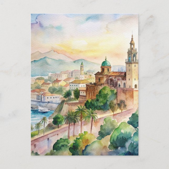 Postal Paintaje acuático de malaga España Cityscape (Anverso)