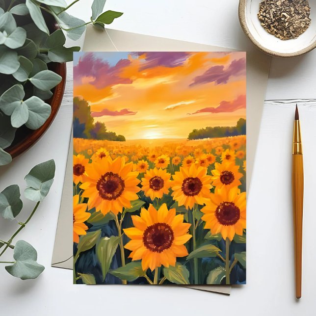 Postal Paintaje paisajístico de Sunflower Field Sunset (Subido por el creador)