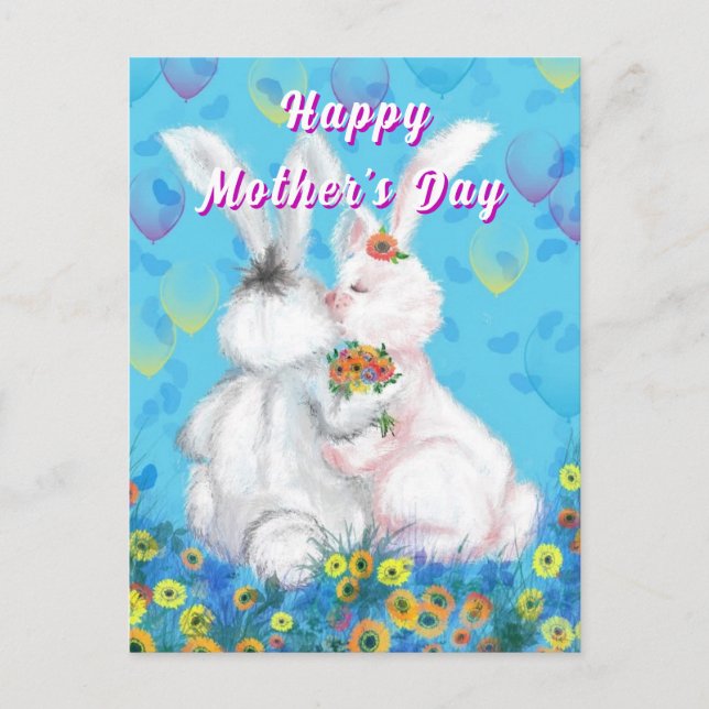 Postal Painted Mother's Day Card with Cute Bunnies (Anverso)