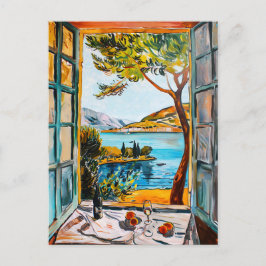 Postal Painting breakfast on window view Mediterran sea