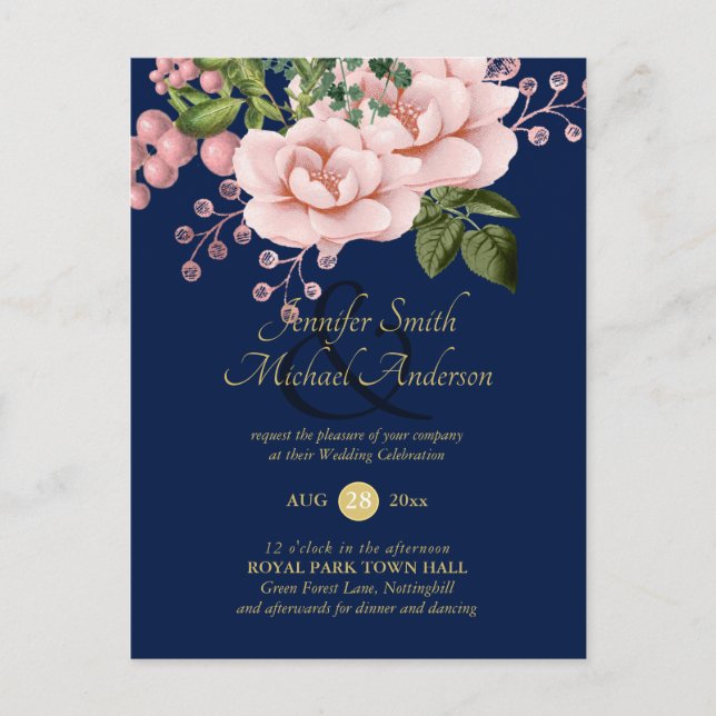 Postal País azul Rubor rosa Roses Boda Ampersand (Anverso)