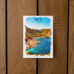 Postal Paisaje acuático colorido de Ibiza España<br><div class="desc">Se trata de un colorido diseño de acuarela de viaje vintage de Ibiza España que muestra el paisaje único de la isla de Baleares. Funciona como un gran recuerdo y una idea de regalo.</div>