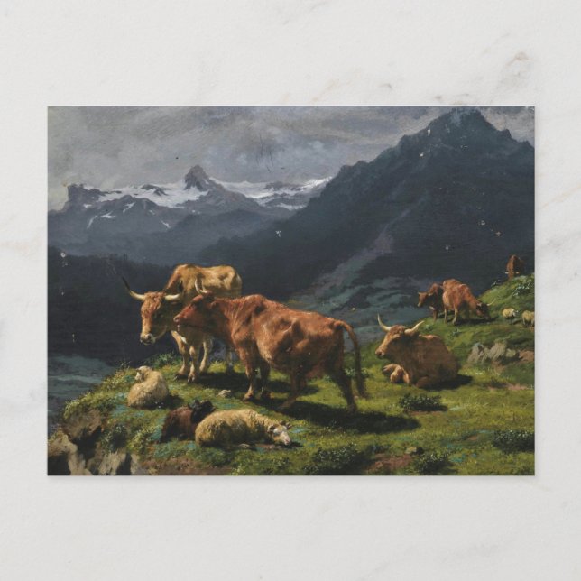 Postal Paisaje alpino de ovejas bovinas por Rosa Bonheur  (Anverso)