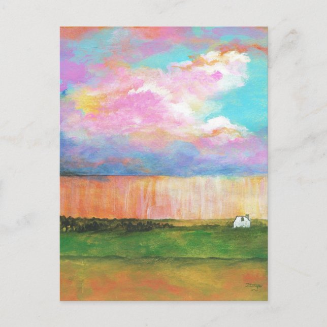 Postal Paisaje Art Painting Tormenta de lluvia Tiny Farm  (Anverso)