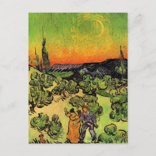 Postal Paisaje con pareja caminando, luna creciente,