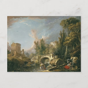 Postal Paisaje con ruinas y puente por Francois Boucher