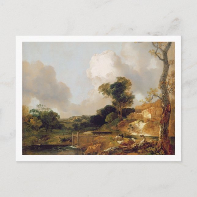 Postal Paisaje con Stream y Weir (aceite sobre lienzo) (Anverso)