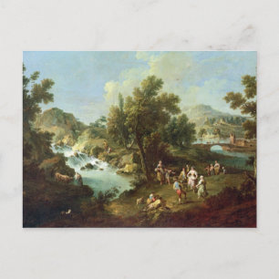 Postal Paisaje con un río y campesinos bailarines (aceite