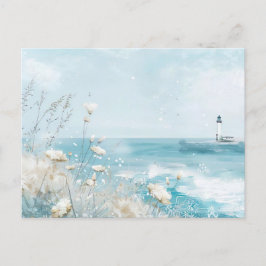 Postal paisaje costero azul claro y blanco