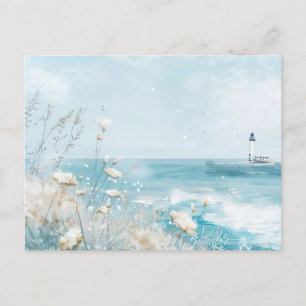 Postal paisaje costero azul claro y blanco