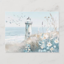 Postal paisaje costero azul claro y blanco