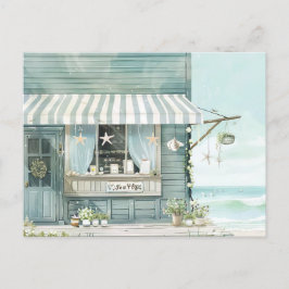 Postal paisaje costero azul claro y blanco