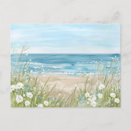 Postal paisaje costero azul claro y blanco